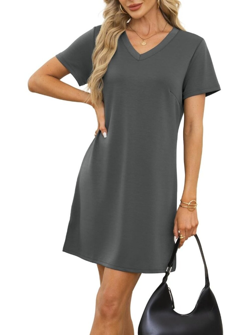 〽️Women's Grey V Neck Casual Summer Sundress Imported Pull On T Shirt